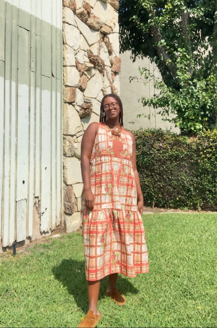Empire Drawstring Midi Dress 100% Cotton / M/L / Rose Plaid Empire Drawstring Midi Dress 100% Cotton / M/L / Rose Plaid