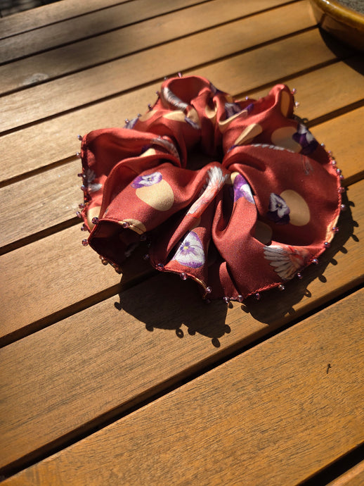 Beaded Cardinal Watercolor Silk Scrunchie