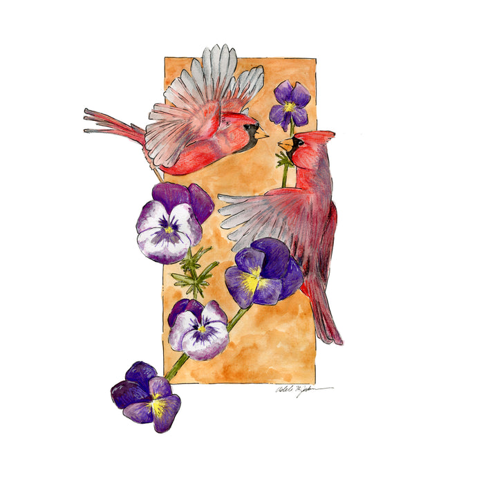Red Cardinals and Violet Flowers Print