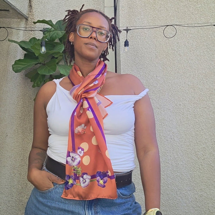 Red Cardinal + Violet Flower Long Silk Scarf