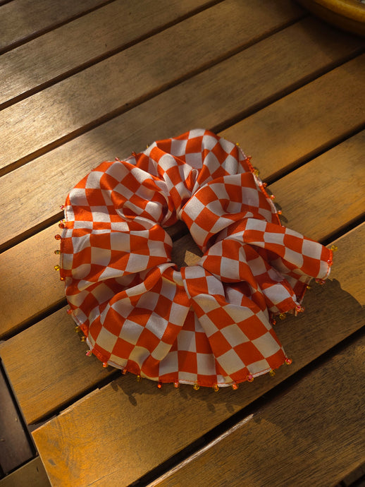 Beaded Orange Checkered Silk Scrunchie