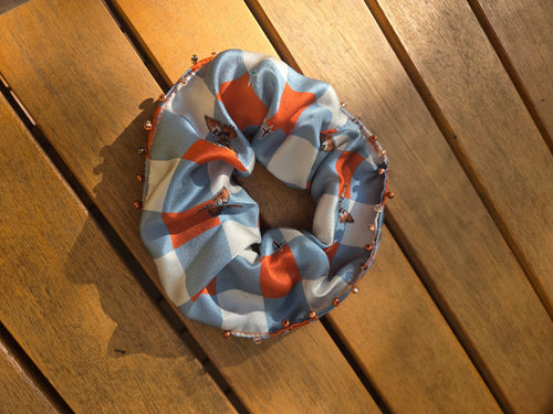 Beaded Checkered Butterfly Silk Scrunchie