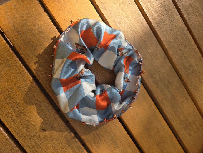Beaded Checkered Butterfly Silk Scrunchie