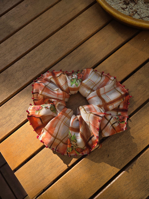 Beaded Rose Lady Bug Plaid Silk Scrunchie