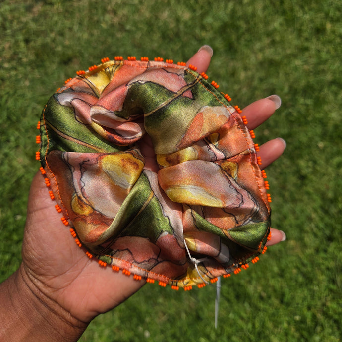 Beaded Poppy Silk Scrunchie